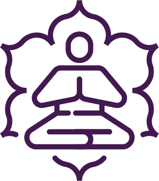 A purple icon of a man meditating in a lotus position, symbolizing spiritual healing and holistic practices.