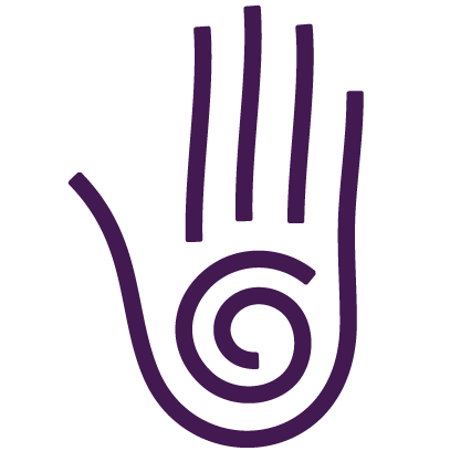 A purple hand with a spiral on it, offering spiritual and energetic healing services as a spiritual healer.